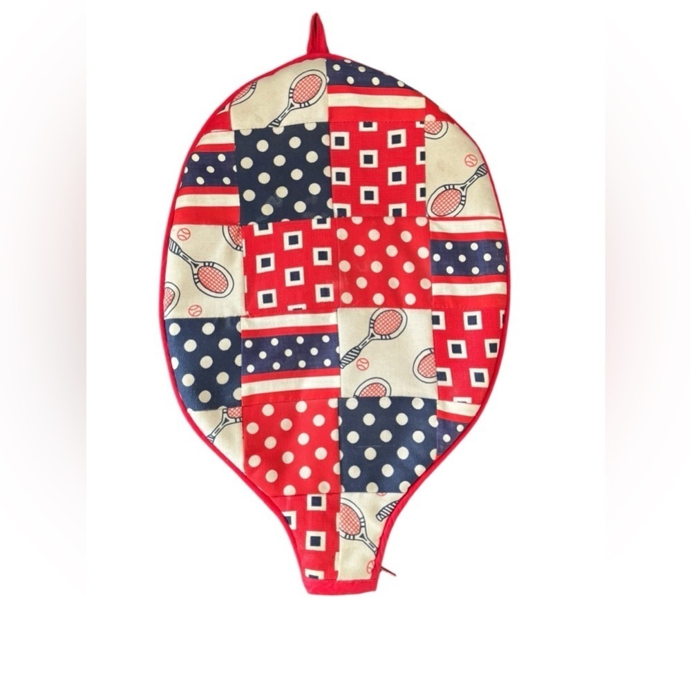 VTG Handmade Zip Around Tennis Racket Cover Navy Red Print Cloth Lined Retro